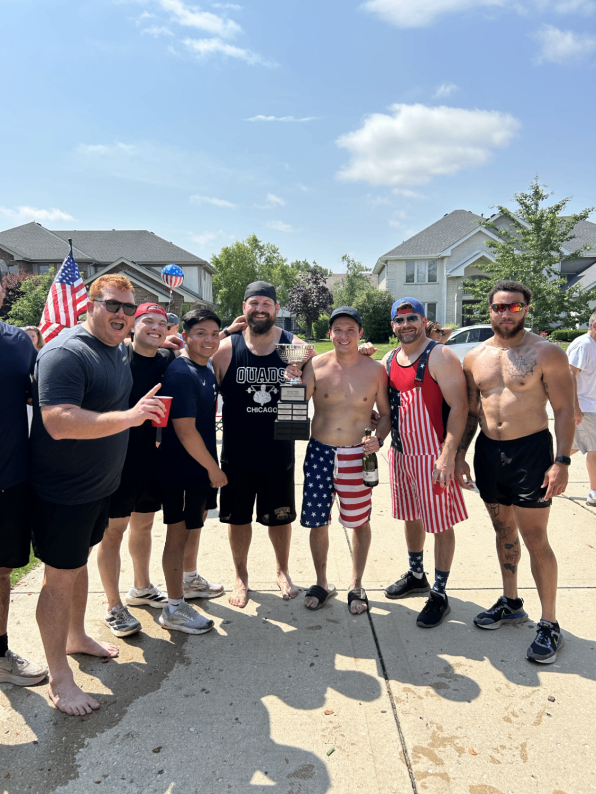 Winning team, red-white-and-blue overalls